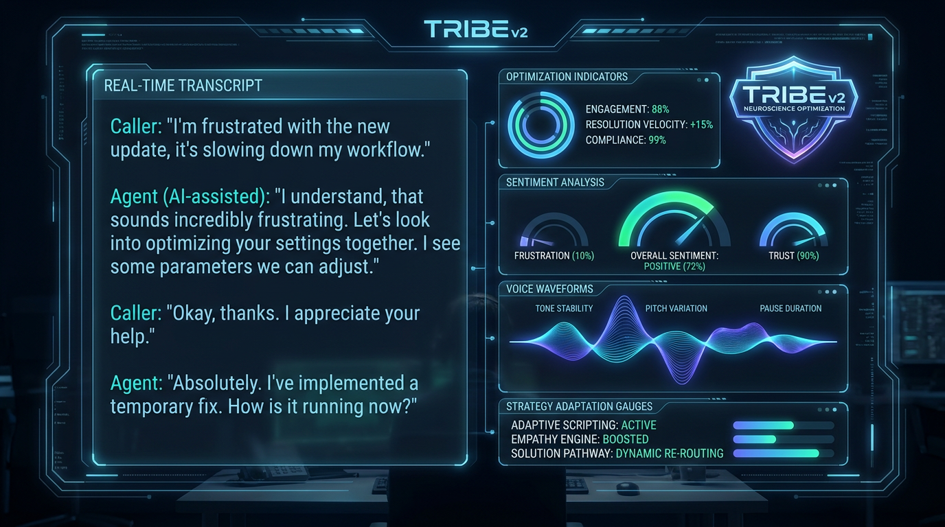 AXIOM Call Interface — Live transcript with TRIBE v2 neuroscience optimization indicators and sentiment analysis
