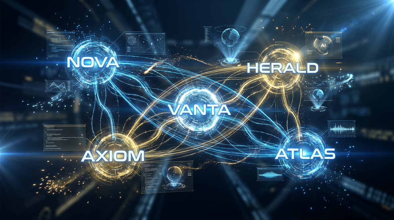 Autonomous AI Agent Fleet — NOVA, AXIOM, VANTA, HERALD, ATLAS communicating in a neural network command center
