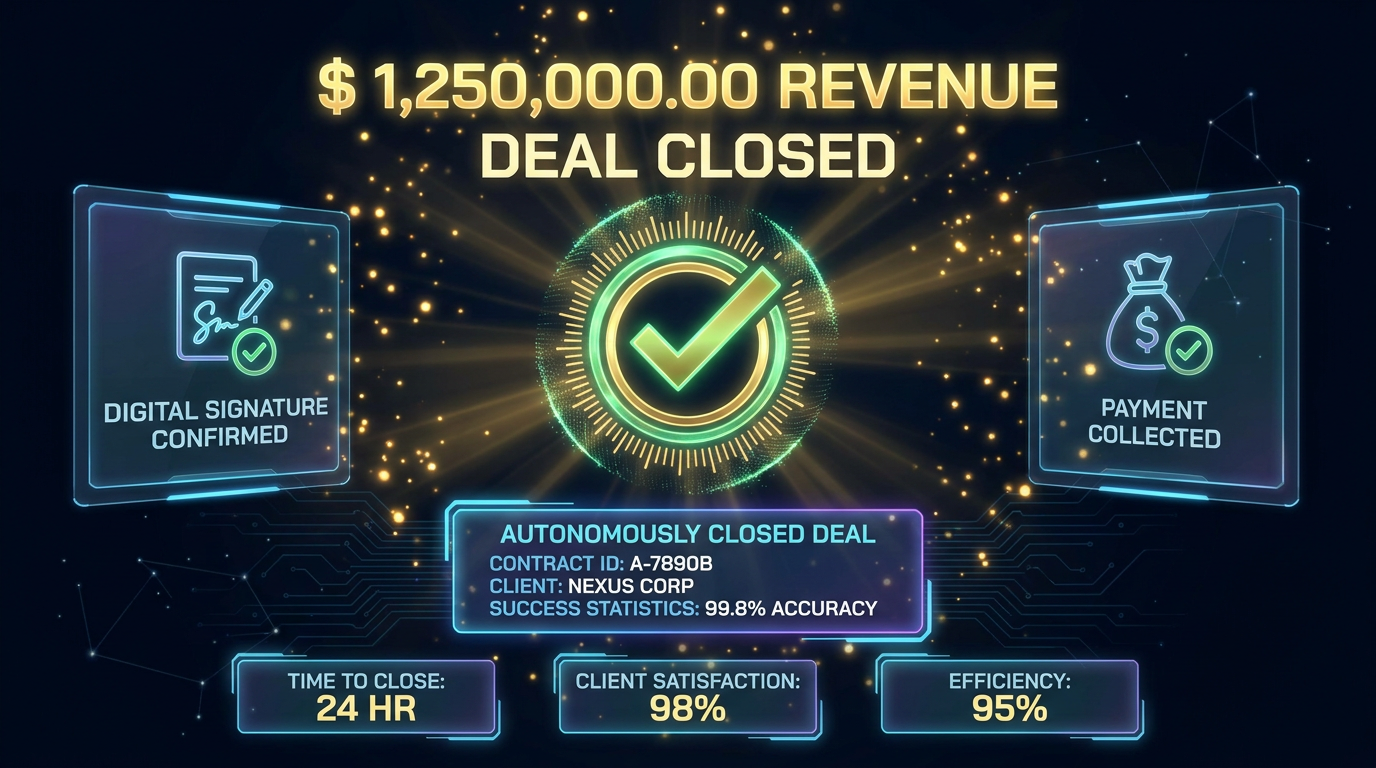 VANTA Close Screen — Deal Closed confirmation with revenue, contract signed, and payment collected