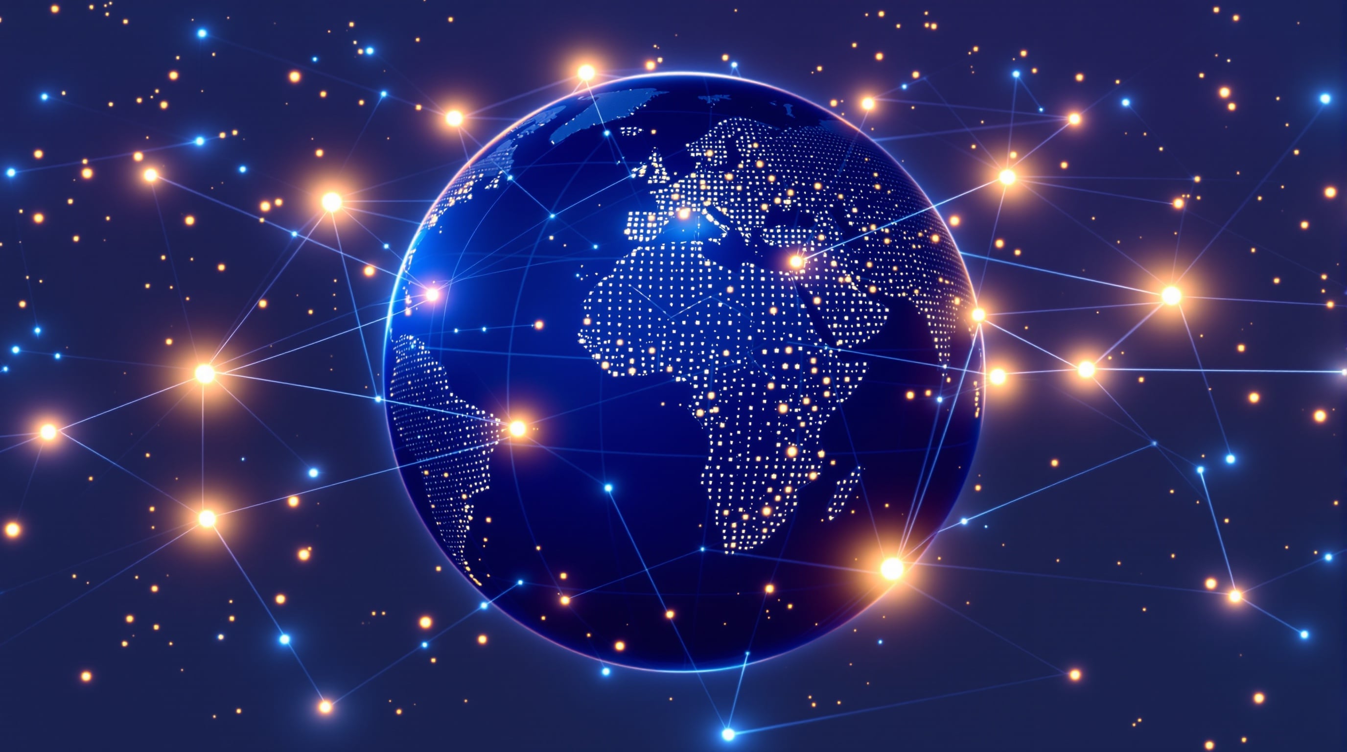 Dark globe with glowing connection points across major cities representing global AI deployment
