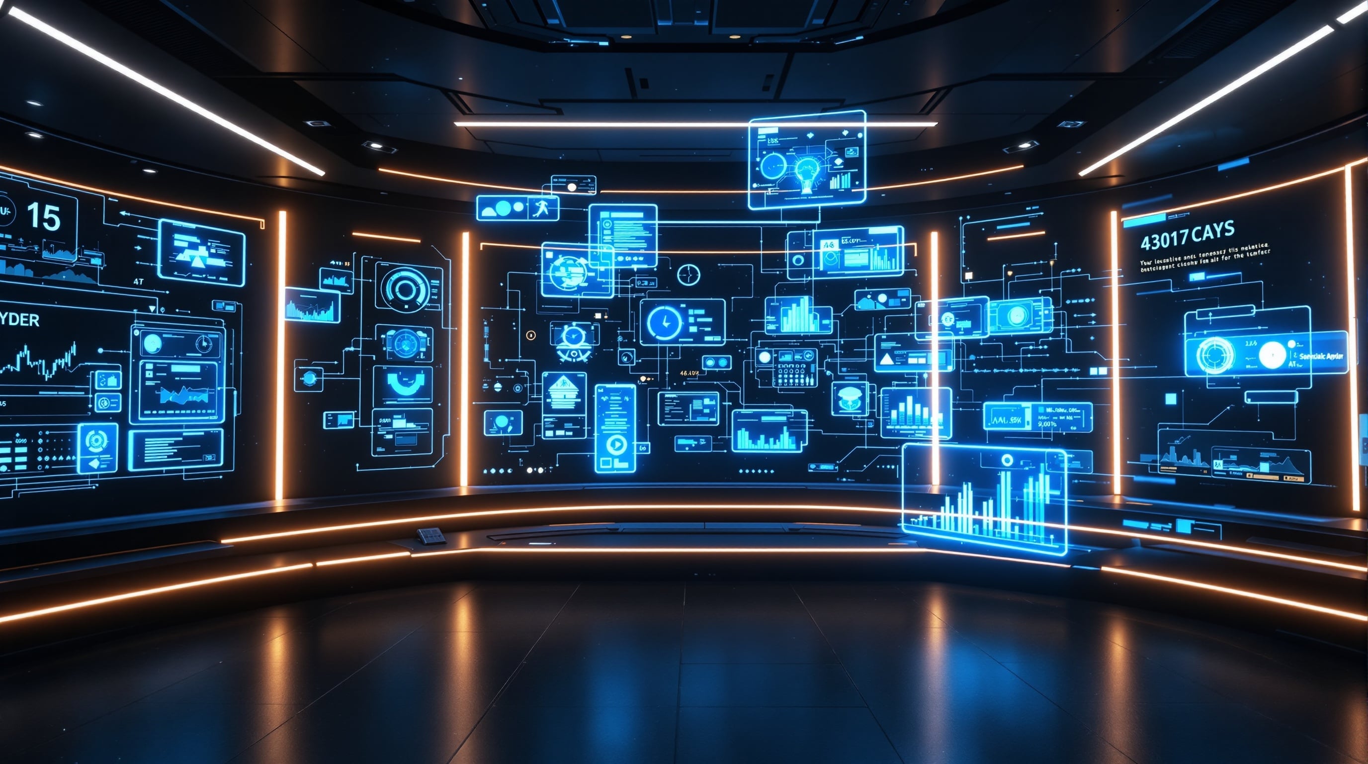 Futuristic autonomous AI command center with multiple holographic agent interfaces