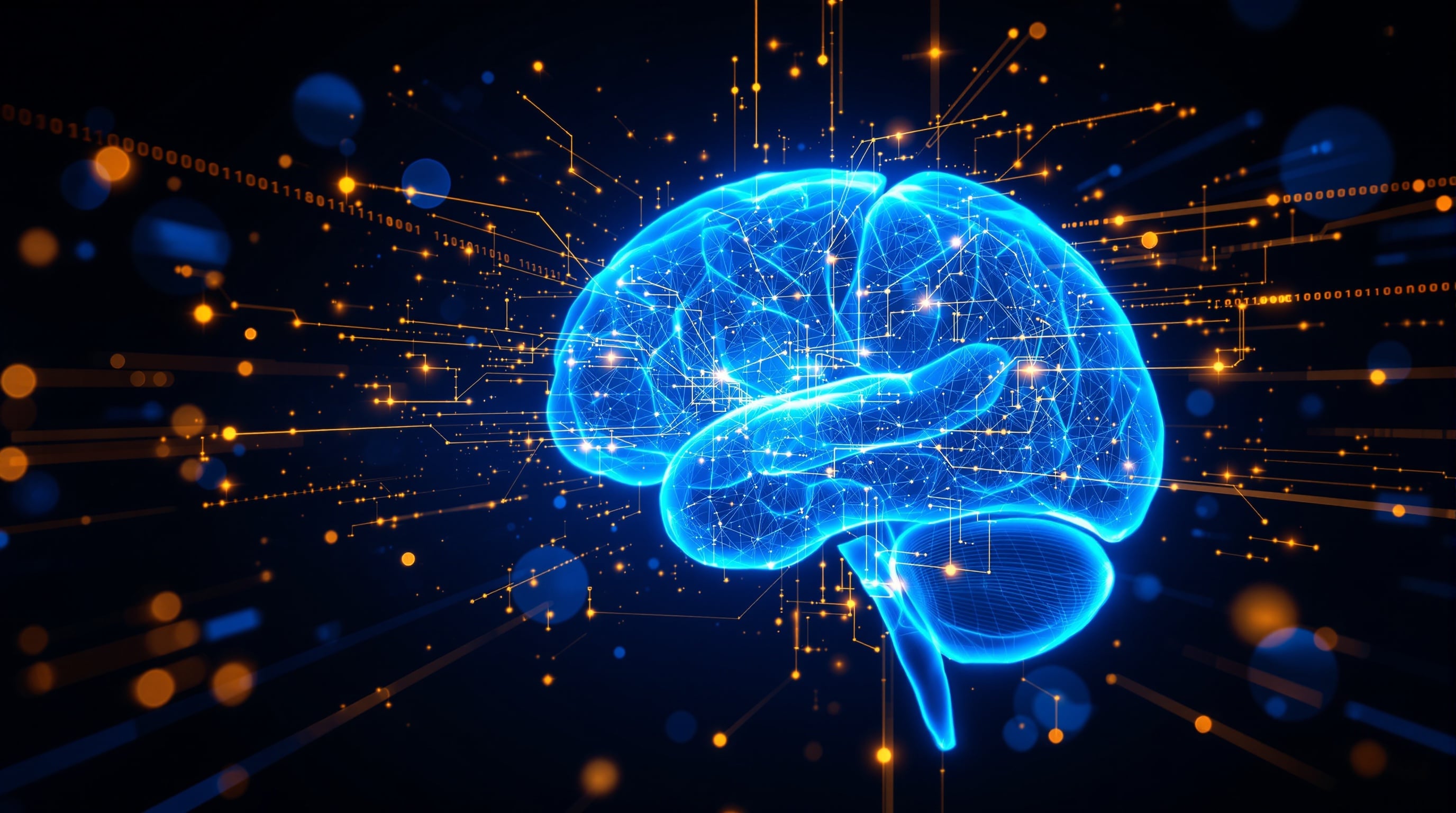 Futuristic holographic brain scan with AI data overlays representing neuroscience-powered marketing